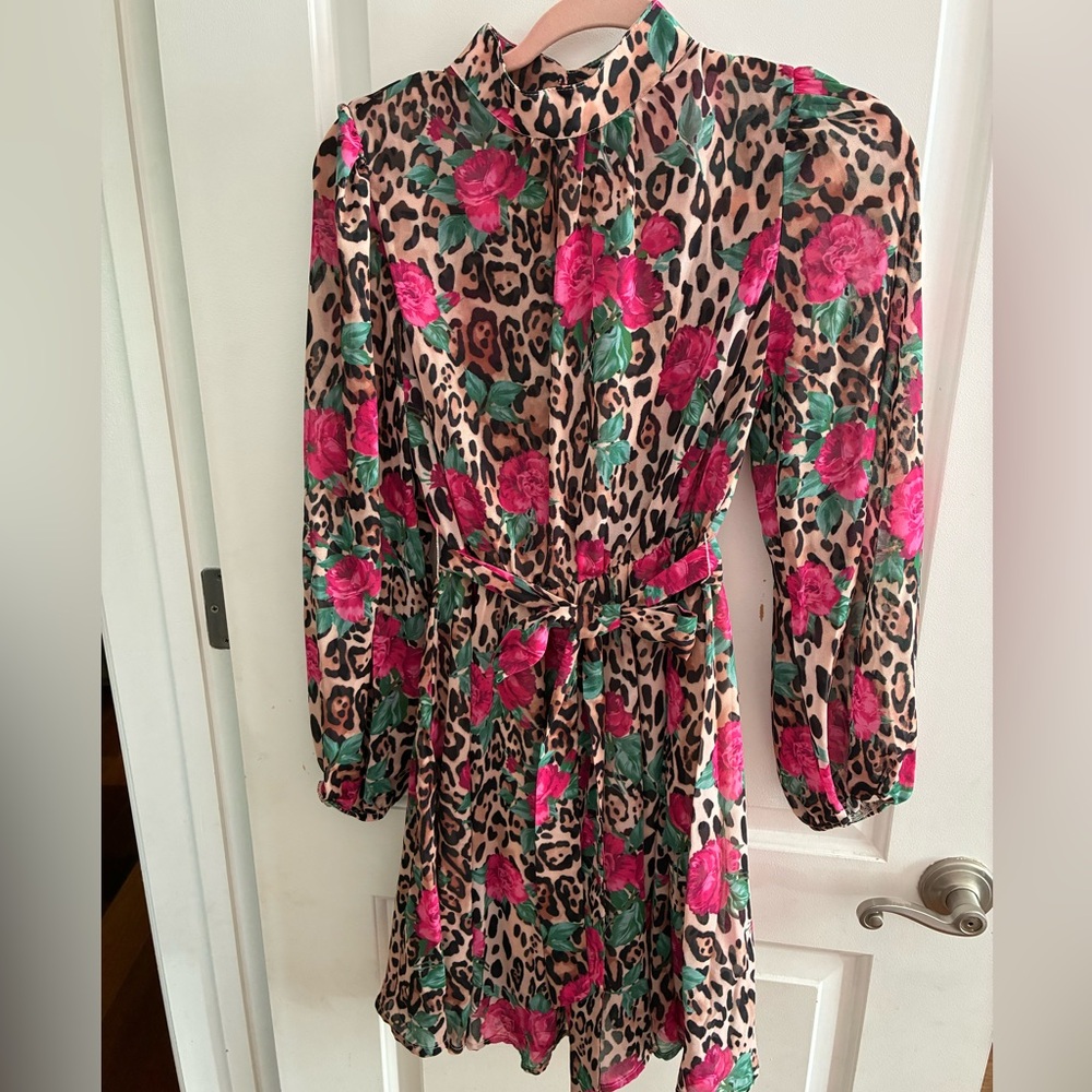 SHEIN Pink Rose & Leopard Print Button-Up Dress